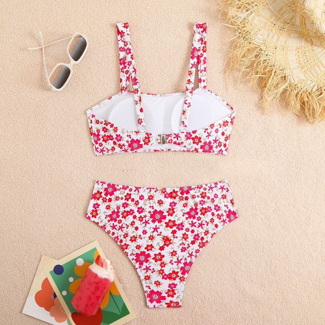 Square neck flower print cami bikini swimwear