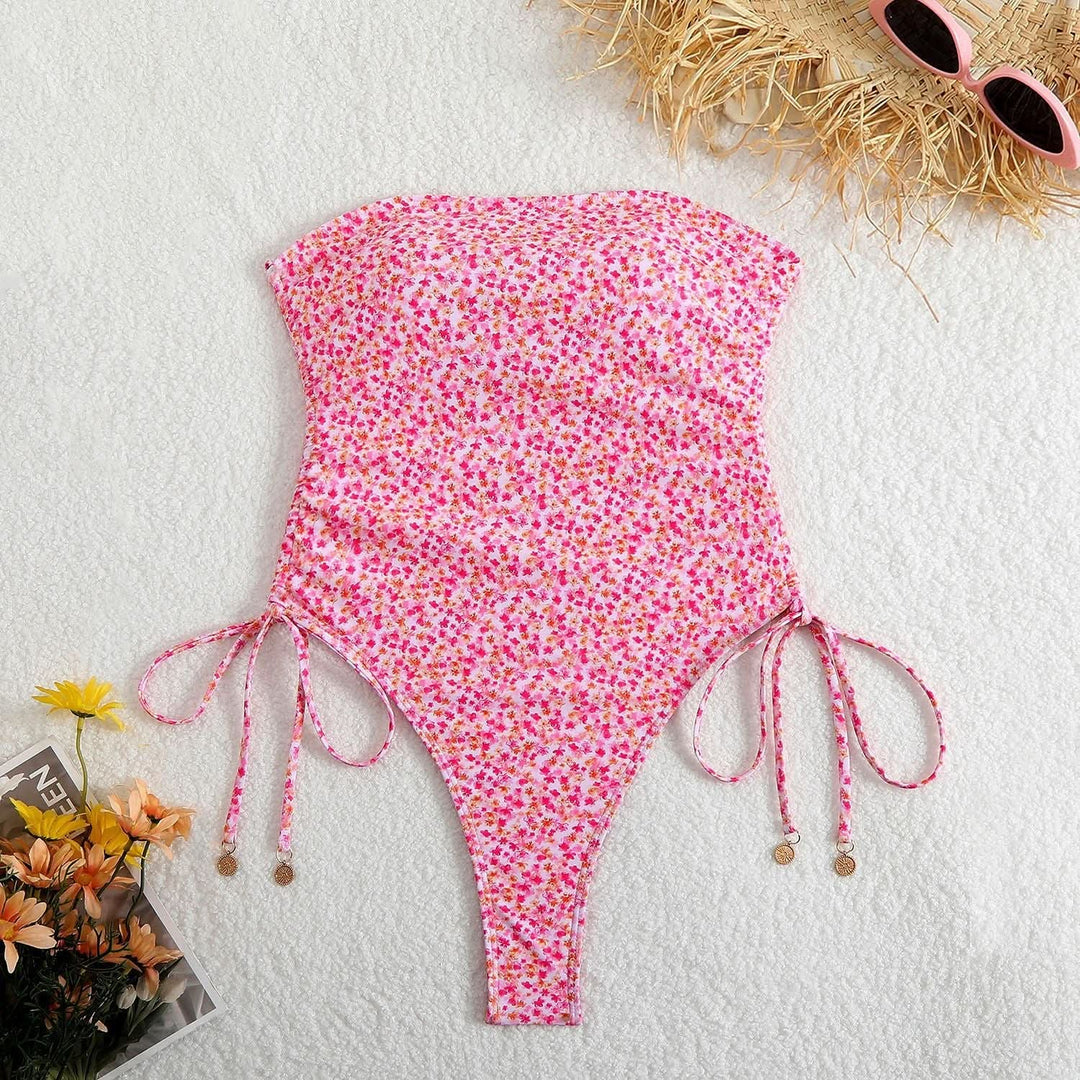 Self tie flower print tube one piece swimwear
