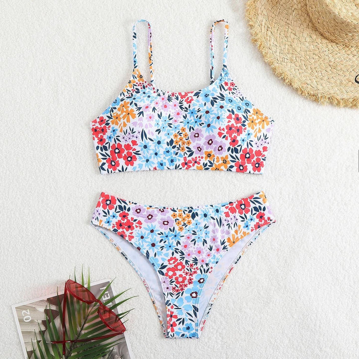U neck flower print cami bikini swimwear
