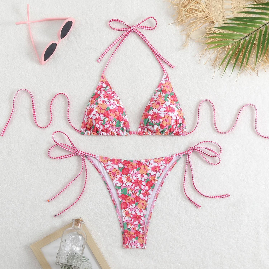 Halter self tie print v neck bikini swimwear
