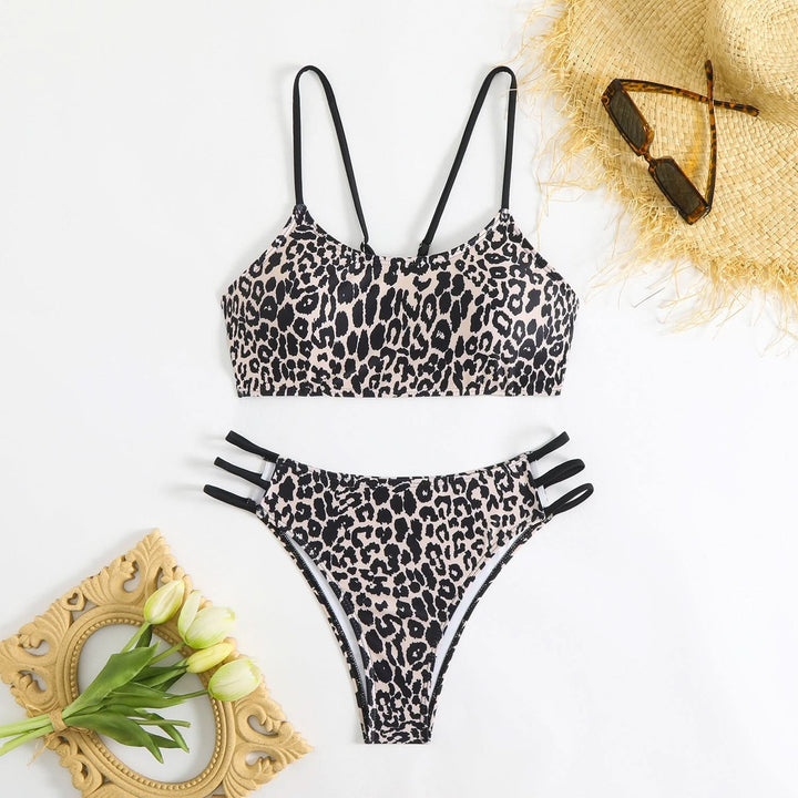 Leopard print u neck o ring cami one piece swimwear