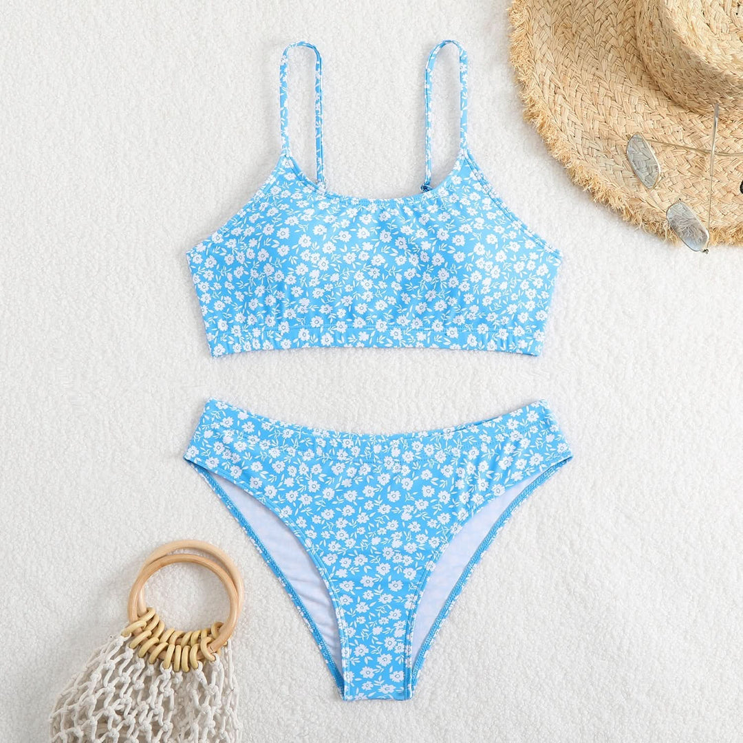 U neck flower print cami bikini swimwear