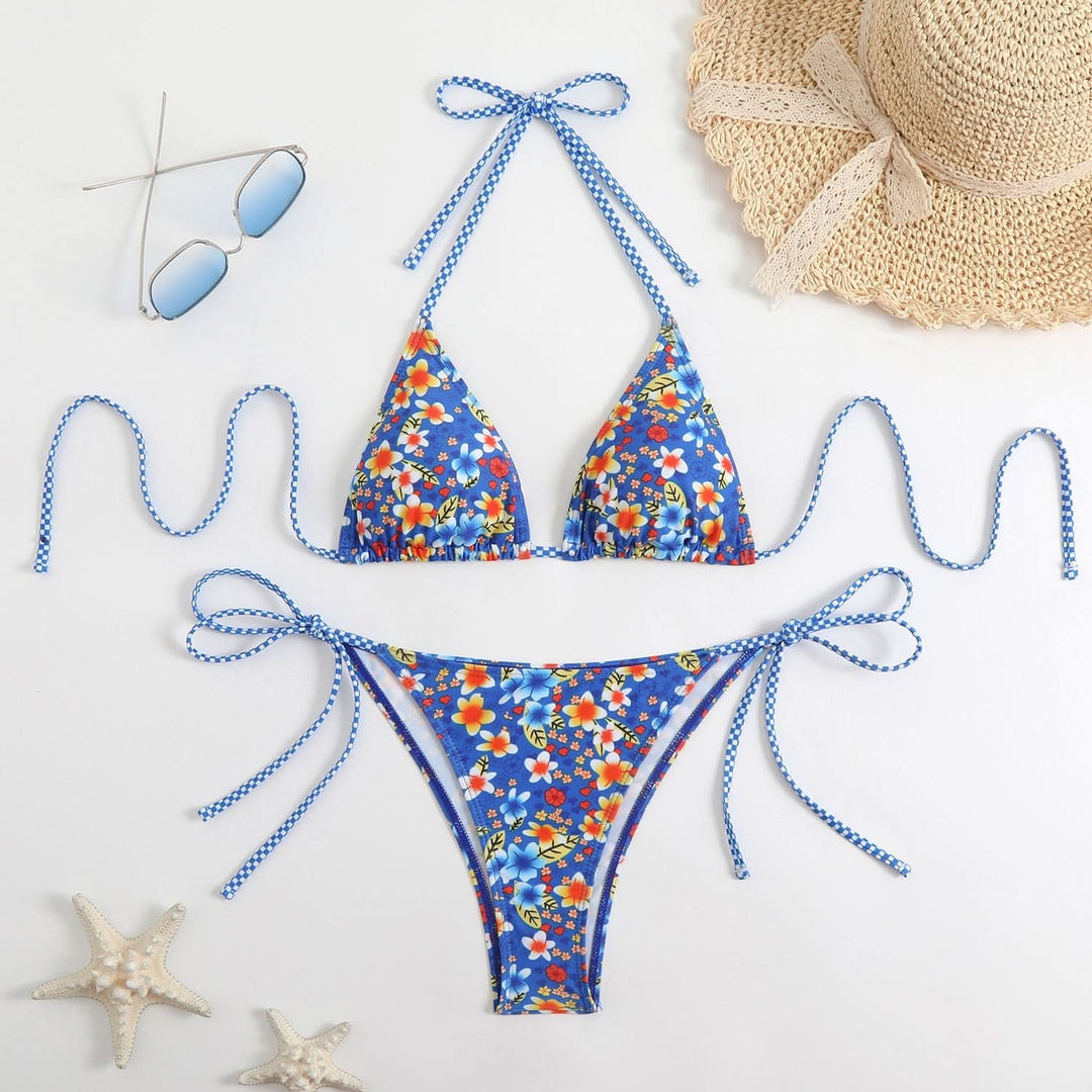 Halter self tie print v neck bikini swimwear
