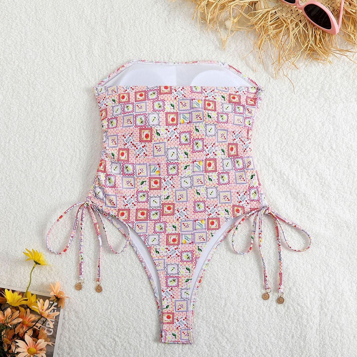 Self tie flower print tube one piece swimwear