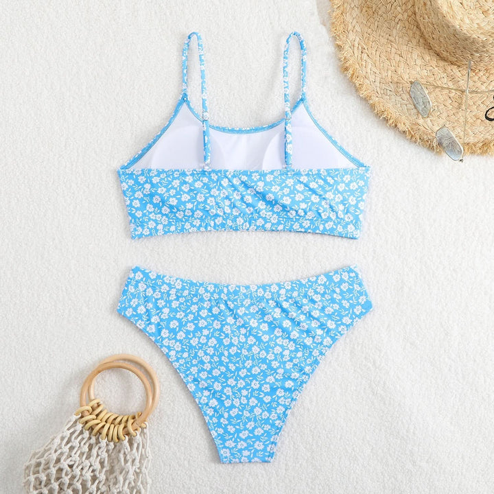 U neck flower print cami bikini swimwear