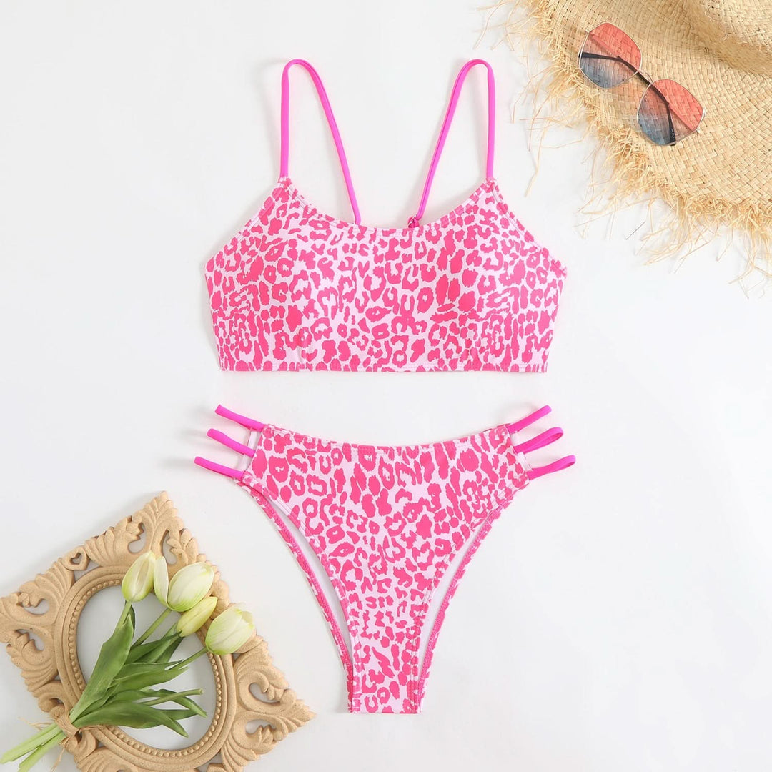 Leopard print u neck o ring cami one piece swimwear