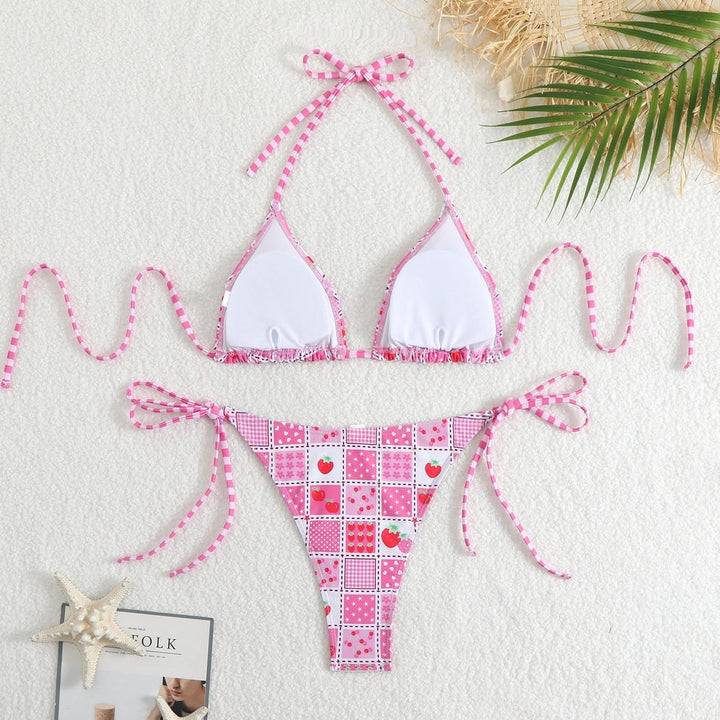Halter self tie print v neck bikini swimwear