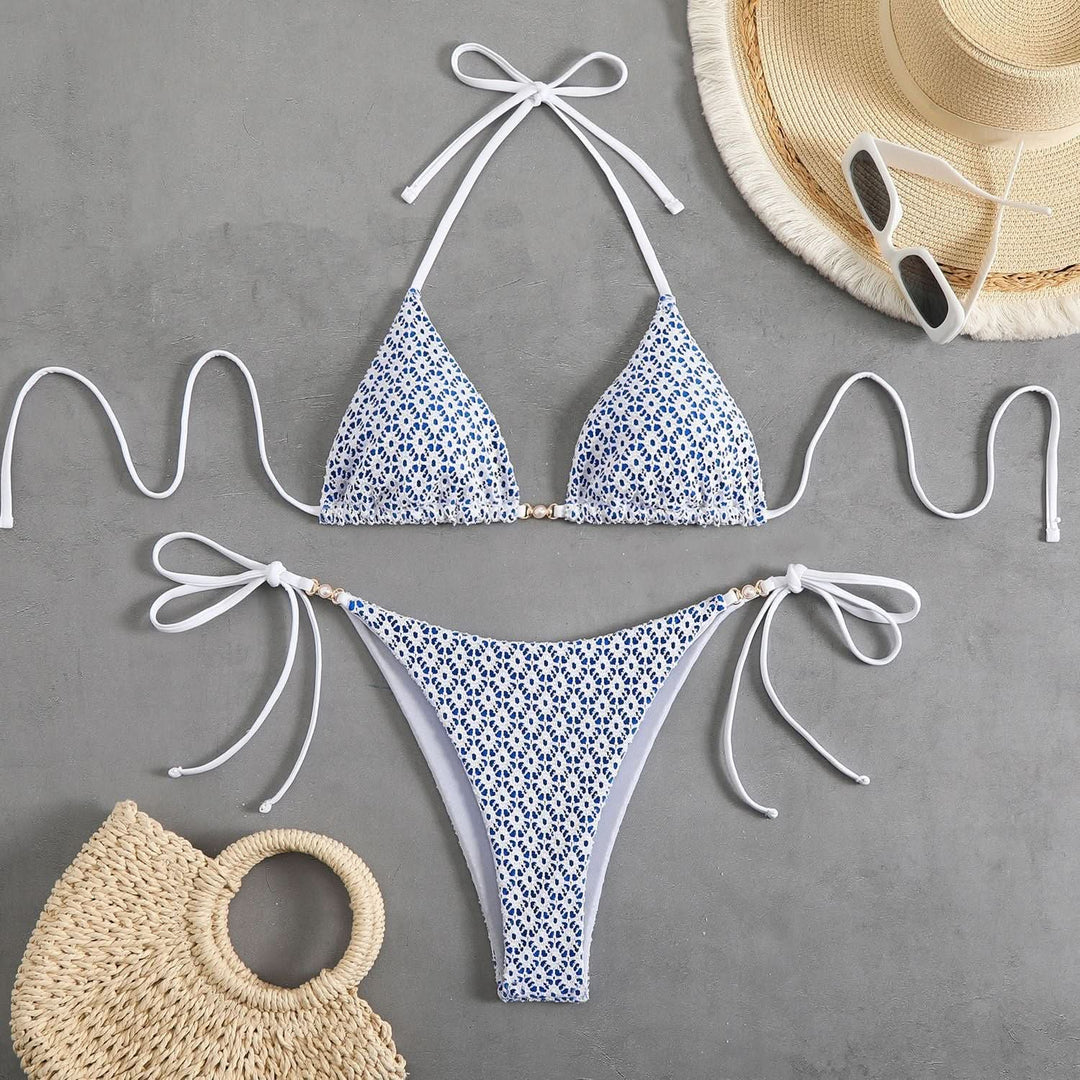 Self tie halter padded v neck bikini swimwear