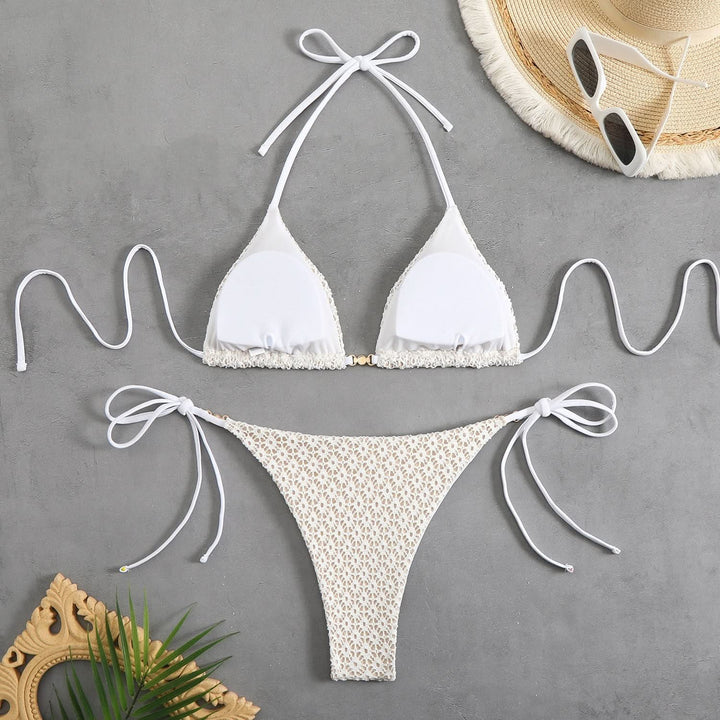 Self tie halter padded v neck bikini swimwear