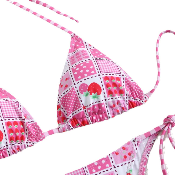 Halter self tie print v neck bikini swimwear