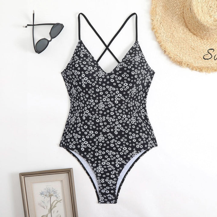 Cross back v neck self tie print one piece swimwear
