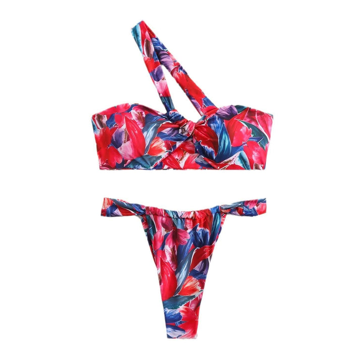 One shoulder print irregular bikini swimwear