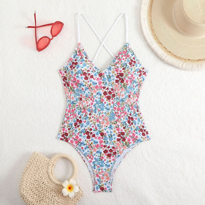 Cross back v neck self tie print one piece swimwear