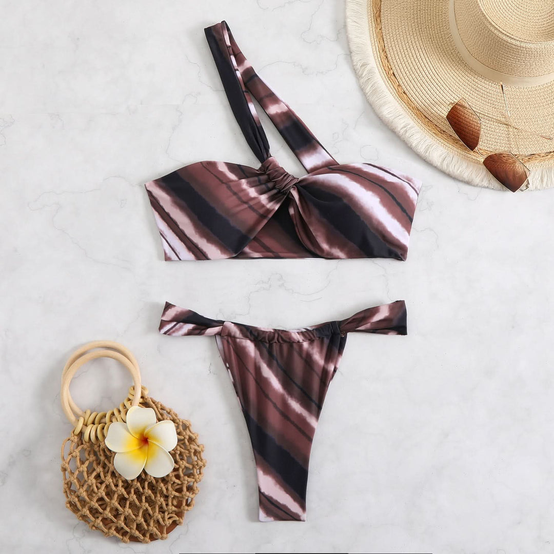 One shoulder print irregular bikini swimwear