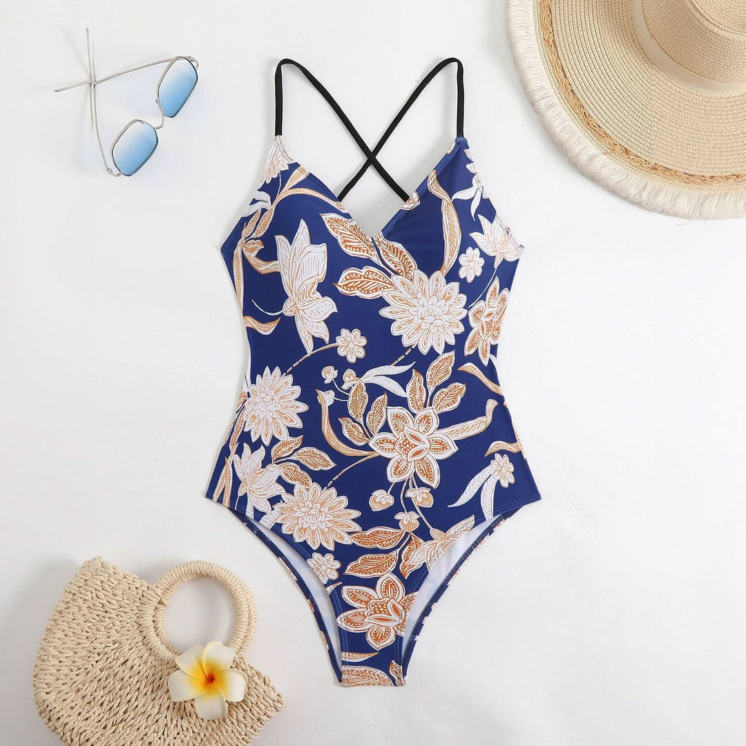 Cross back v neck self tie print one piece swimwear