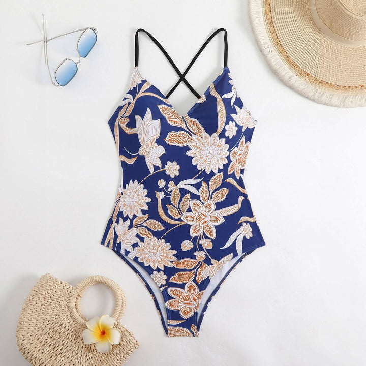 Cross back v neck self tie print one piece swimwear