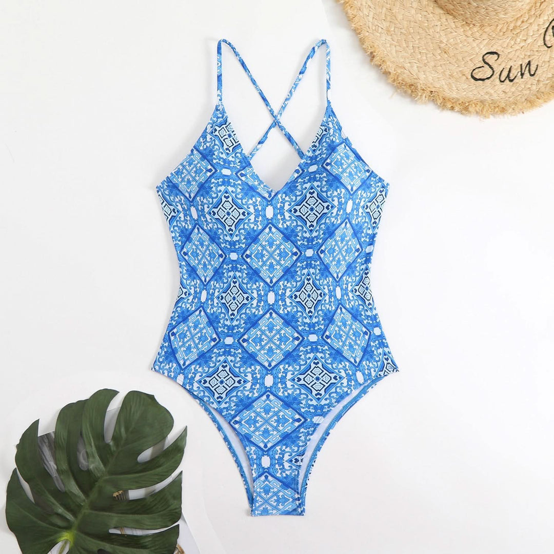 Cross back v neck self tie print one piece swimwear