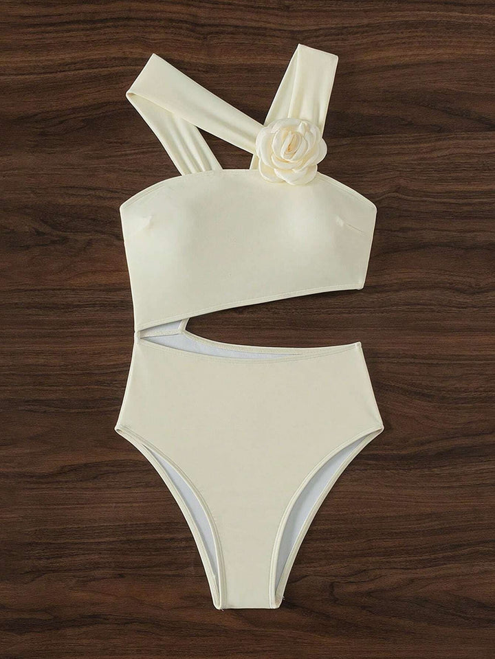 Irregular flower applique hollow out one piece swimwear