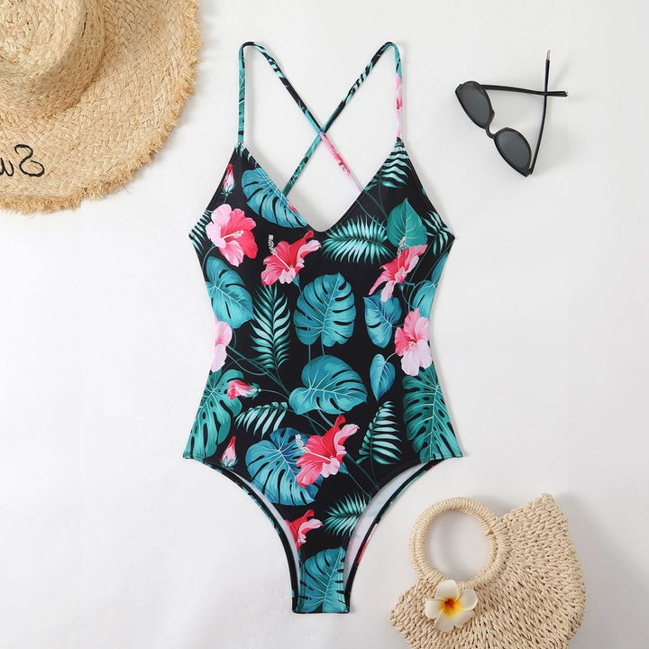 Cross back v neck self tie print one piece swimwear