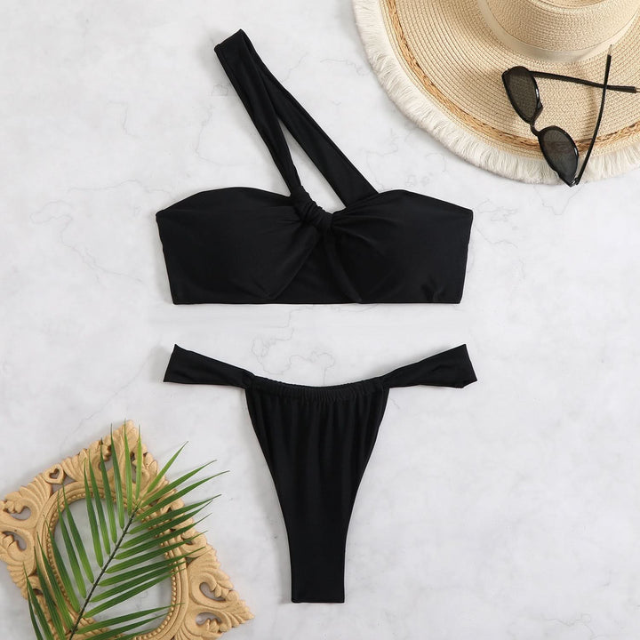 One shoulder print irregular bikini swimwear