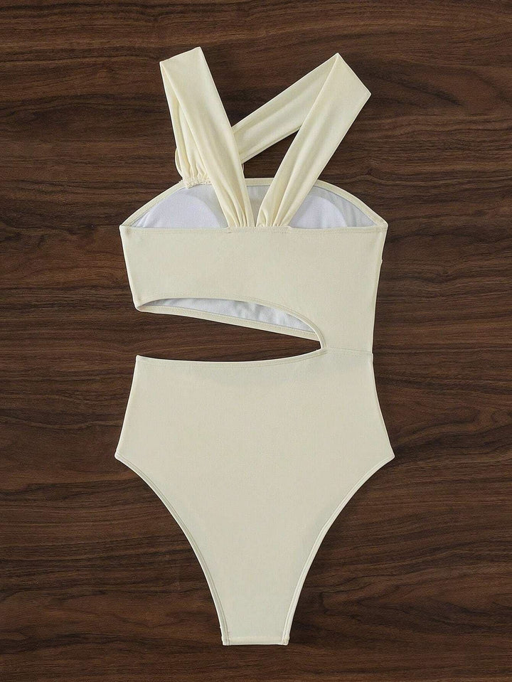Irregular flower applique hollow out one piece swimwear