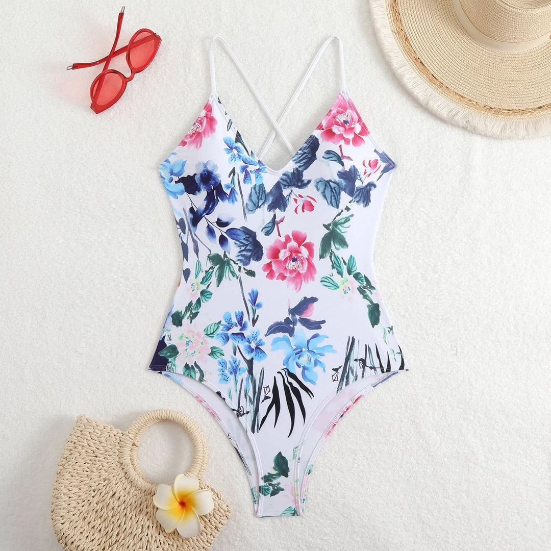 Cross back v neck self tie print one piece swimwear