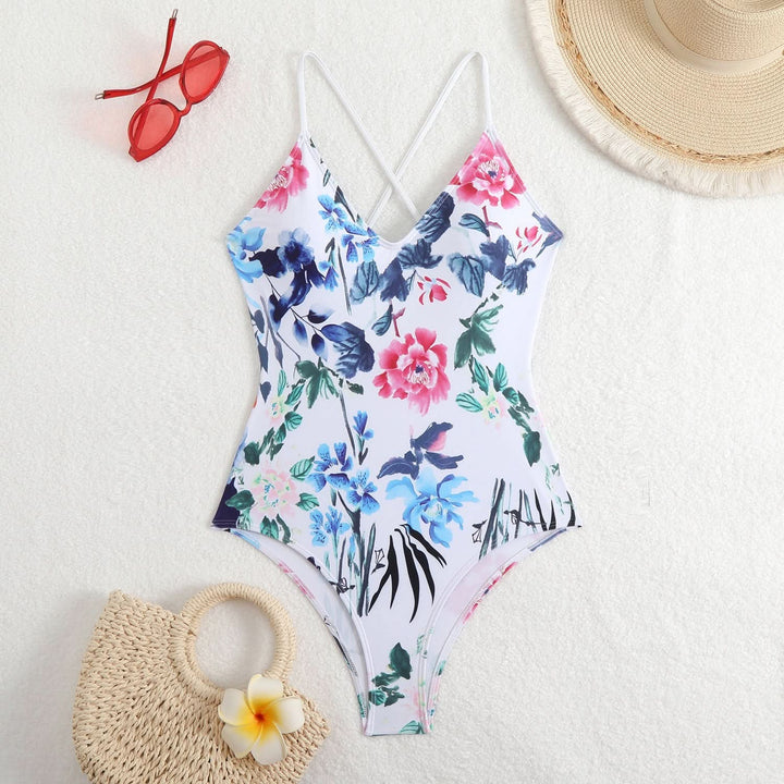 Cross back v neck self tie print one piece swimwear