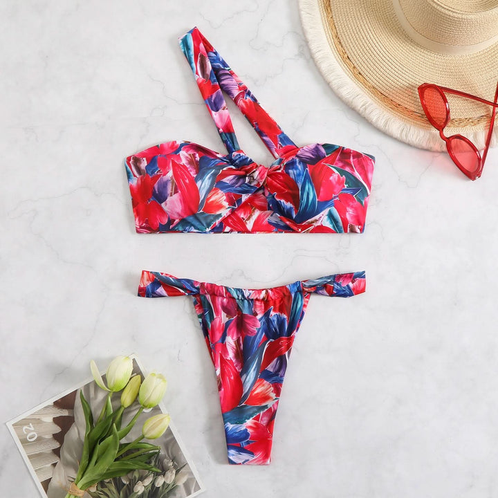 One shoulder print irregular bikini swimwear