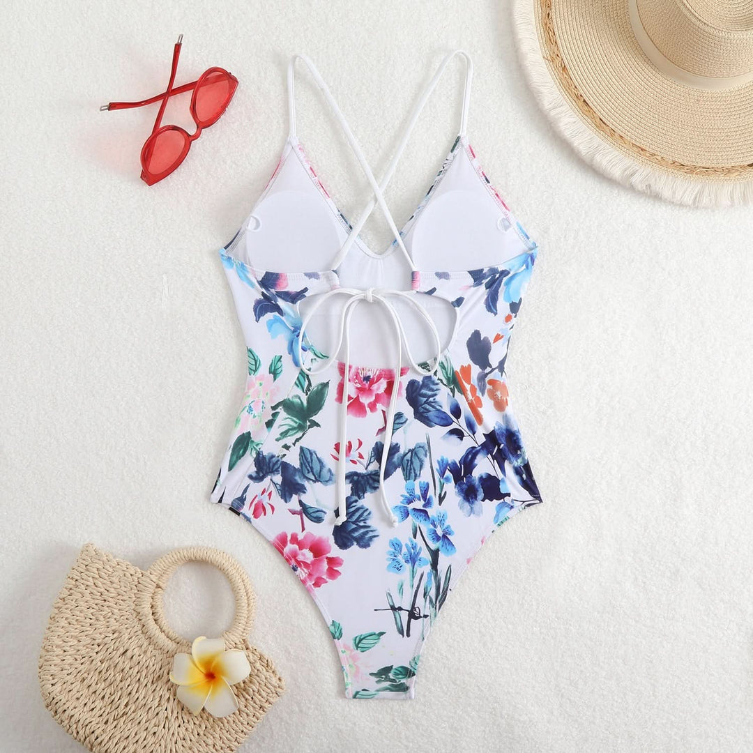 Cross back v neck self tie print one piece swimwear