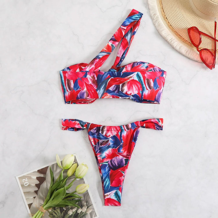 One shoulder print irregular bikini swimwear
