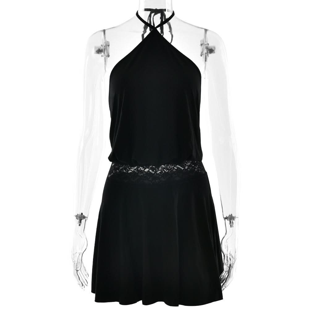 Halter self tie lace patchwork solid mini dress  | Festival Outfits Women