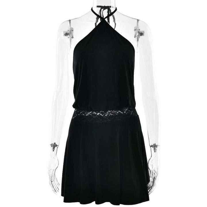 Halter self tie lace patchwork solid mini dress  | Festival Outfits Women
