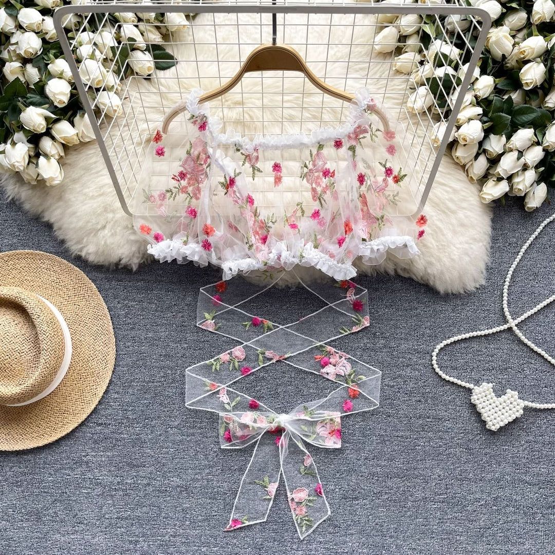 Ruffle puff sleeve embroidery mesh self tie top  | Festival Outfits Women