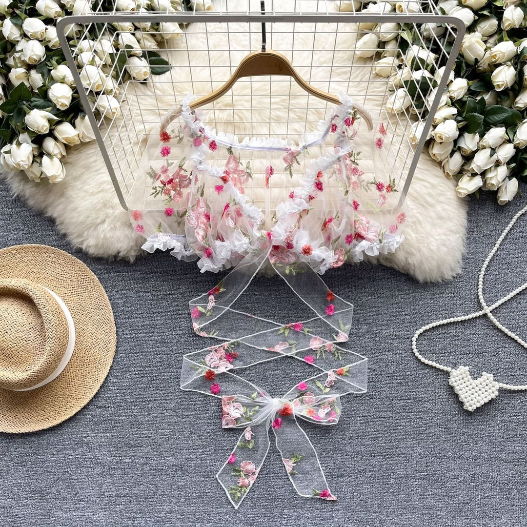 Ruffle puff sleeve embroidery mesh self tie top  | Festival Outfits Women