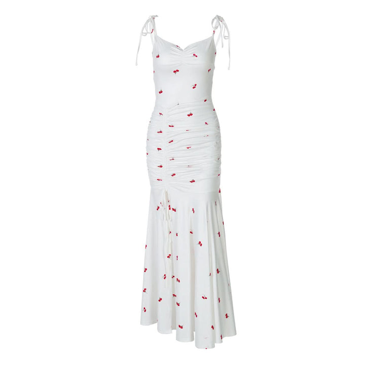 Drawstring slit ruched print cami maxi dress  | Festival Outfits Women