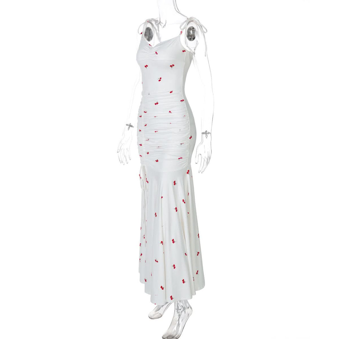 Drawstring slit ruched print cami maxi dress  | Festival Outfits Women
