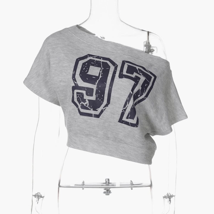 One shoulder "97" print top  | Festival Outfits Women