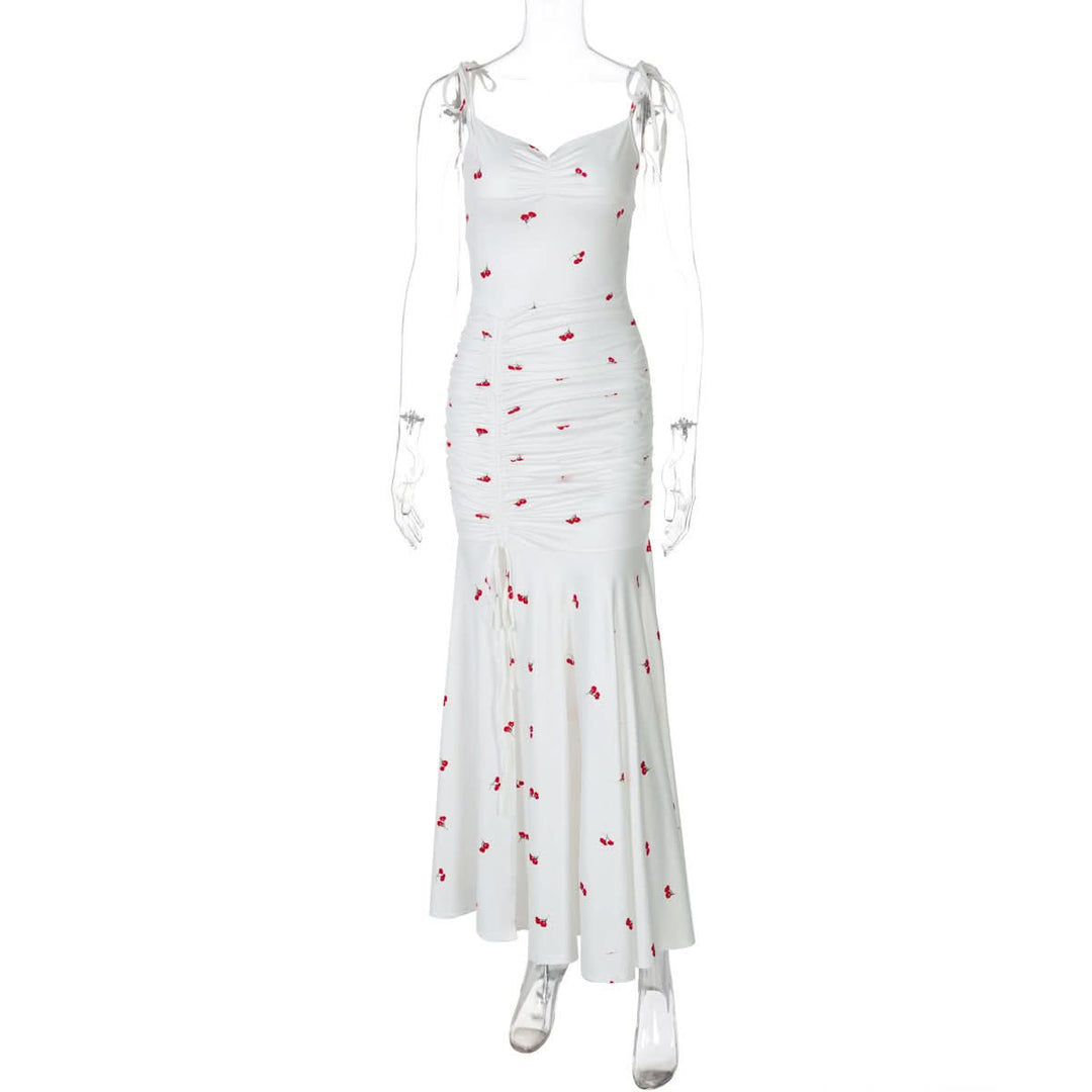 Drawstring slit ruched print cami maxi dress  | Festival Outfits Women