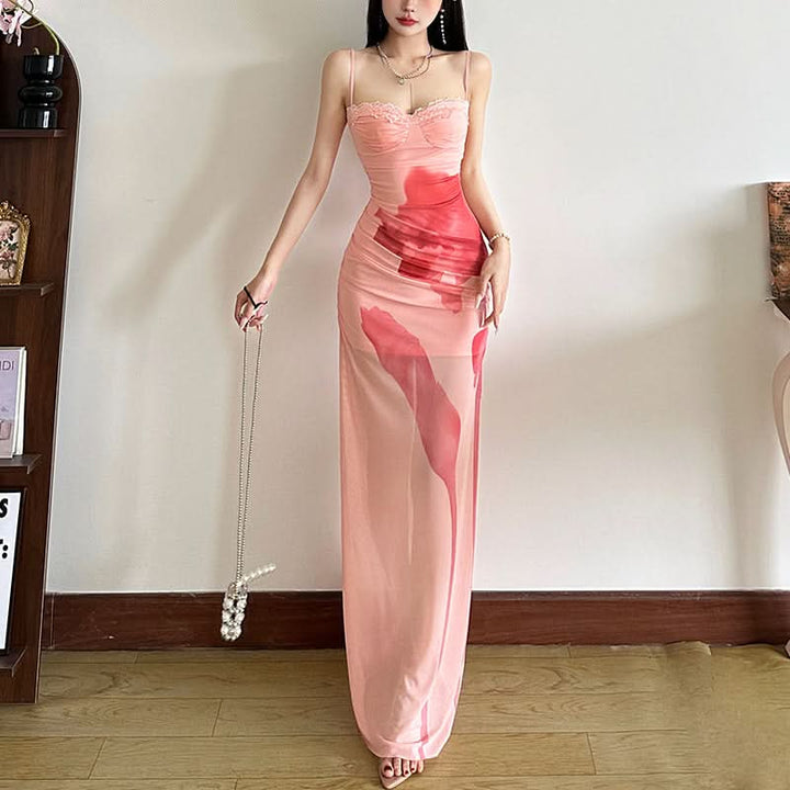 Lace hem mesh print cami maxi dress  | Festival Outfits Women-final-sale