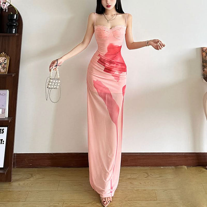 Lace hem mesh print cami maxi dress  | Festival Outfits Women-final-sale