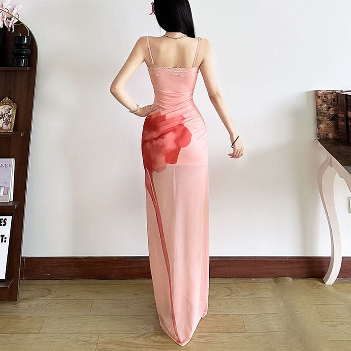 Lace hem mesh print cami maxi dress  | Festival Outfits Women-final-sale