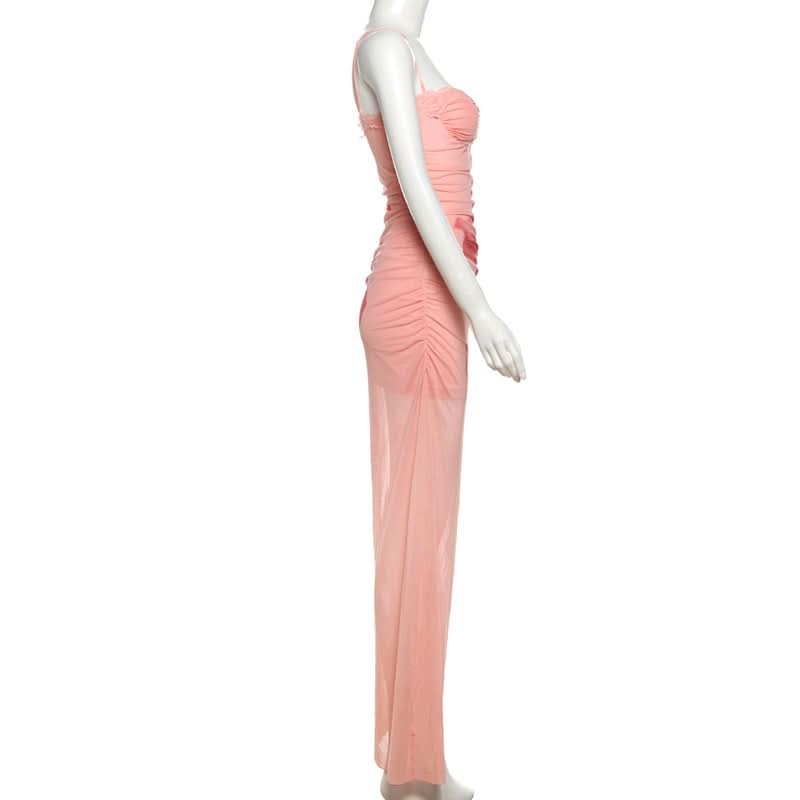 Lace hem mesh print cami maxi dress  | Festival Outfits Women-final-sale