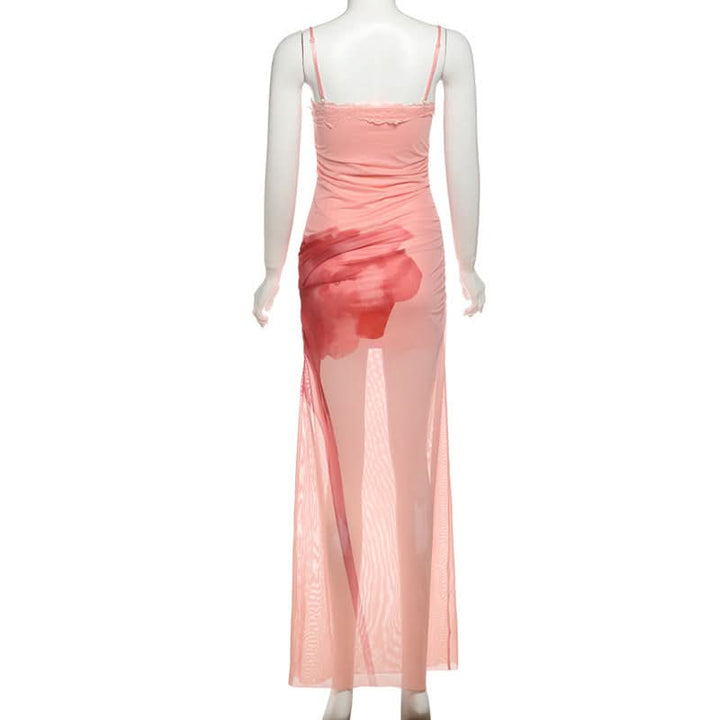 Lace hem mesh print cami maxi dress  | Festival Outfits Women-final-sale