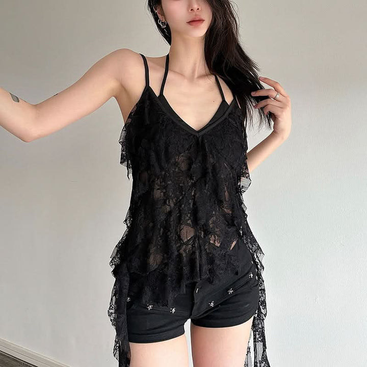V neck lace ruffle 2 piece cami top  | Festival Outfits Women