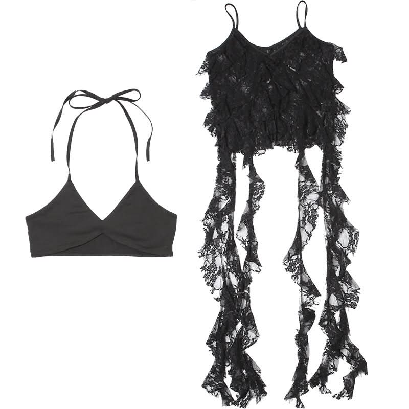 V neck lace ruffle 2 piece cami top  | Festival Outfits Women