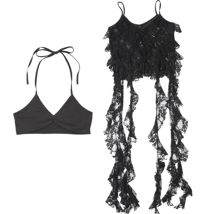 V neck lace ruffle 2 piece cami top  | Festival Outfits Women