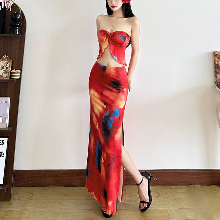 Contrast ruffle slit ruched maxi skirt set  | Festival Outfits Women