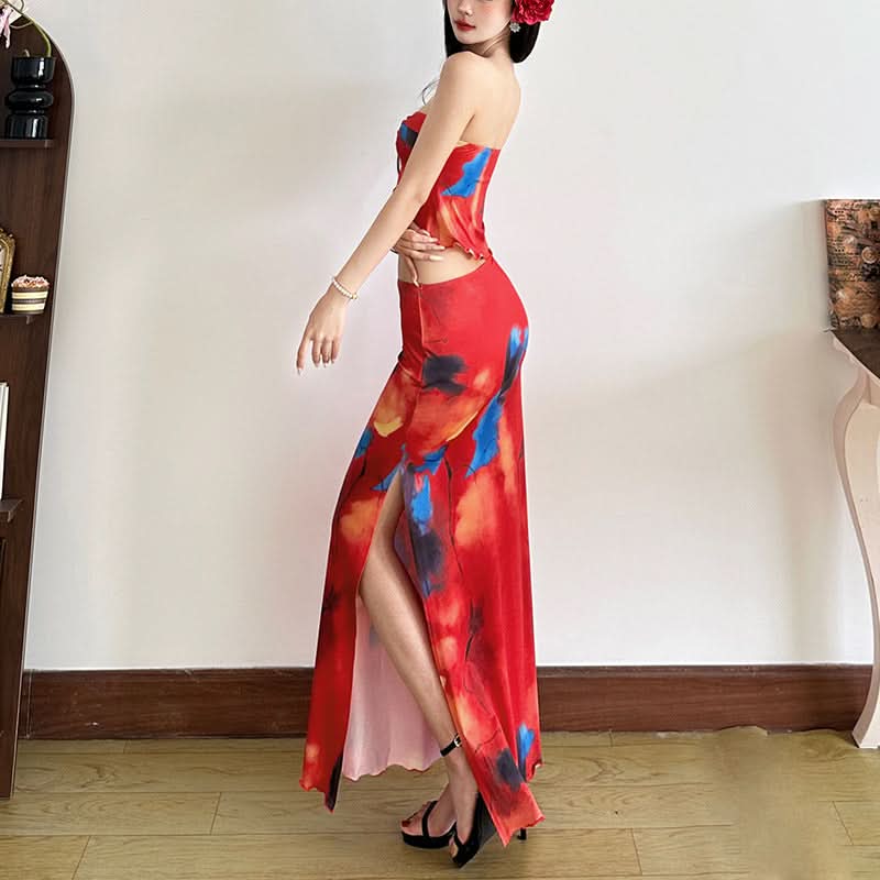 Contrast ruffle slit ruched maxi skirt set  | Festival Outfits Women