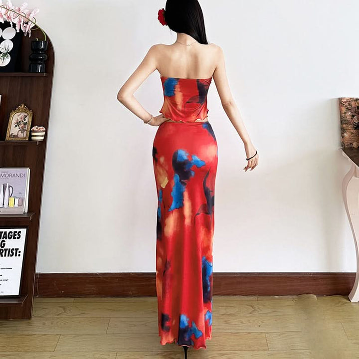 Contrast ruffle slit ruched maxi skirt set  | Festival Outfits Women
