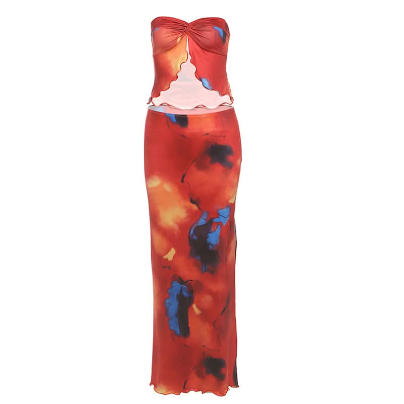Contrast ruffle slit ruched maxi skirt set  | Festival Outfits Women